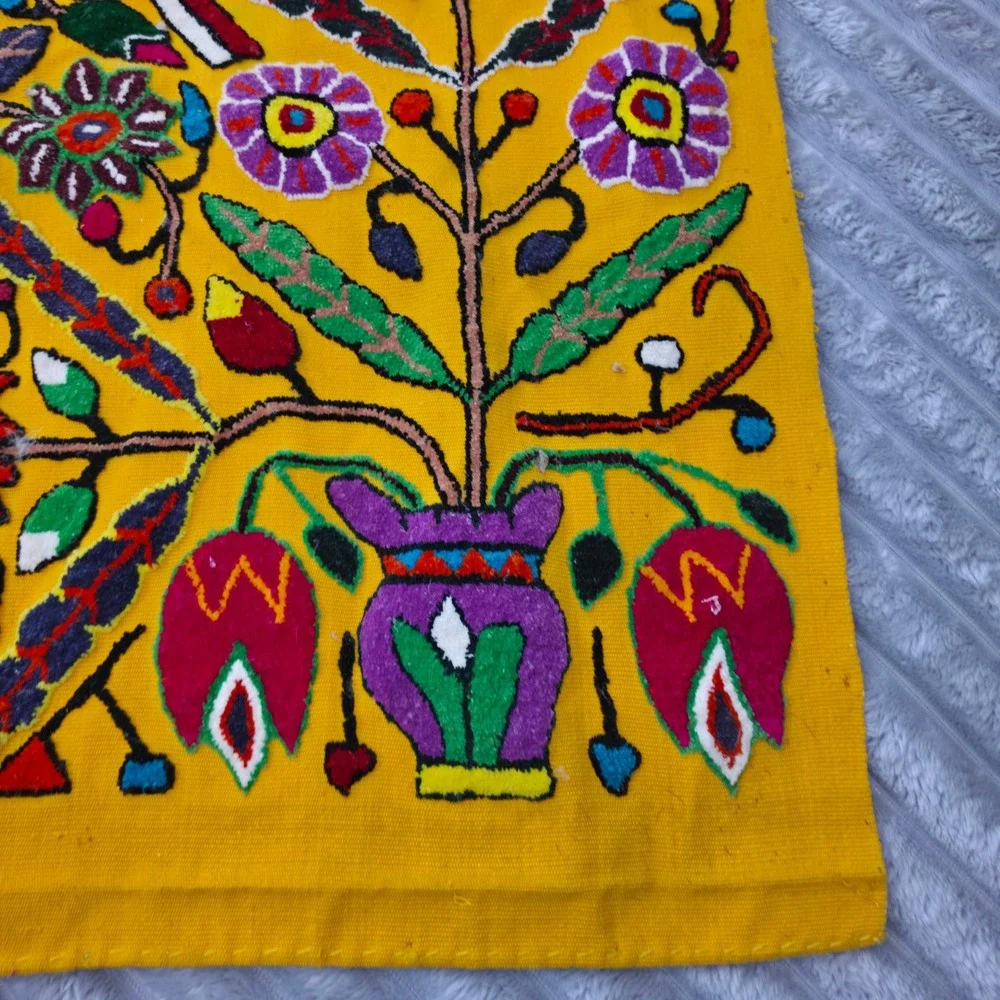 Vintage Mexican Otomi Tenango Hand Embroidered Floral Bird Textile Yellow 43x26